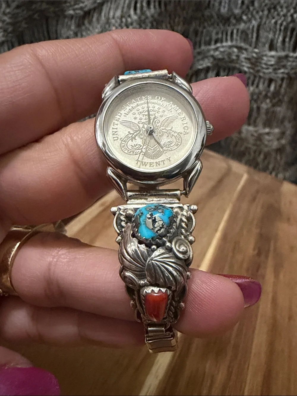 Sterling Silver Navajo Turquoise Coin Watch Bracelet by Simon or Sally Yazzie